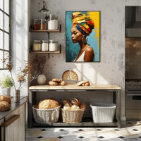 Vibrant Woman's Portrait with Colorful Headwrap Artistic Poster PosterGoat