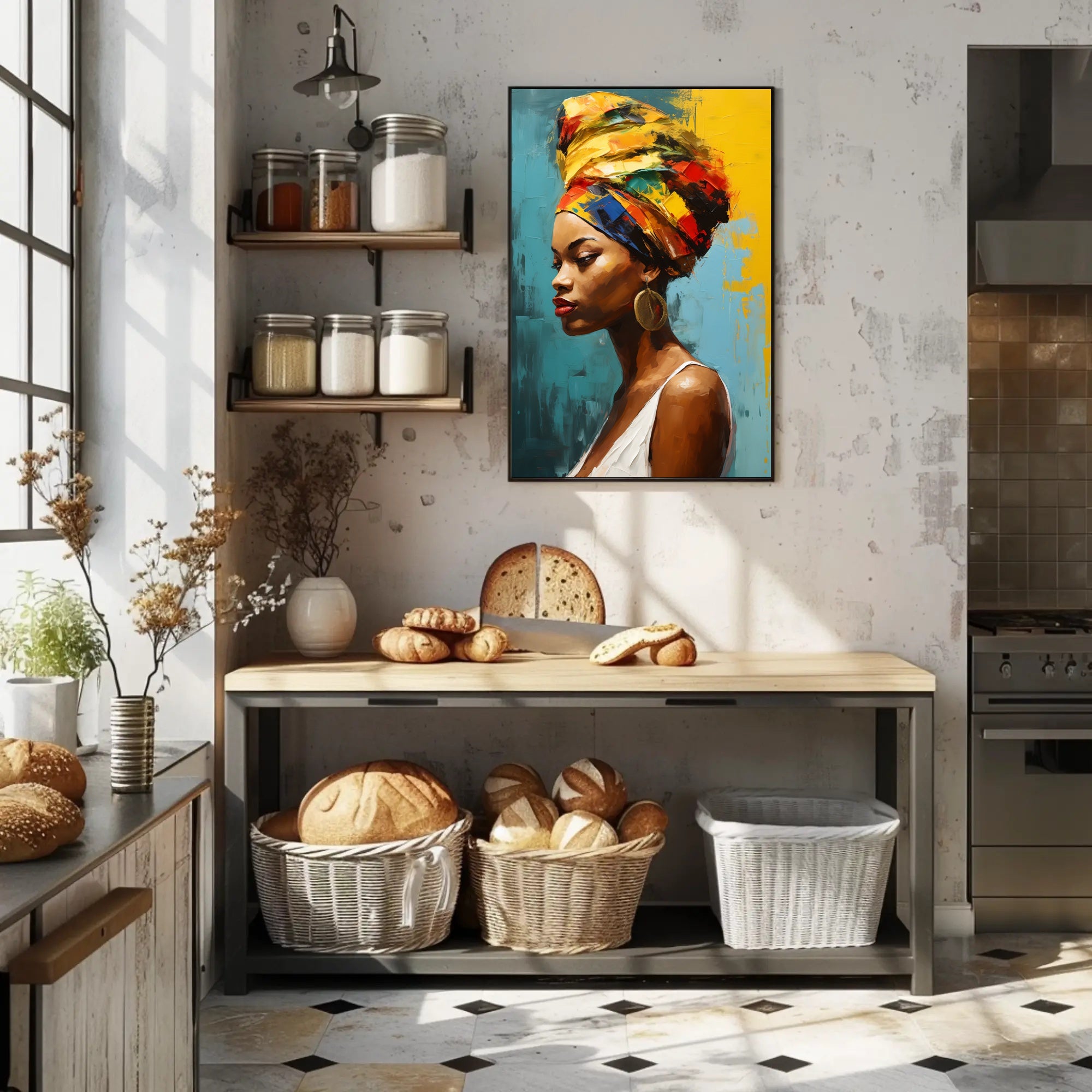 Vibrant Woman's Portrait with Colorful Headwrap Artistic Poster PosterGoat