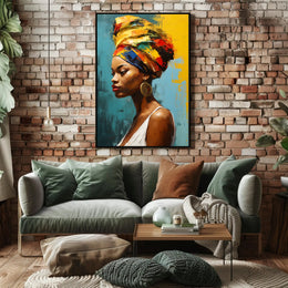 Vibrant Woman's Portrait with Colorful Headwrap Artistic Poster PosterGoat