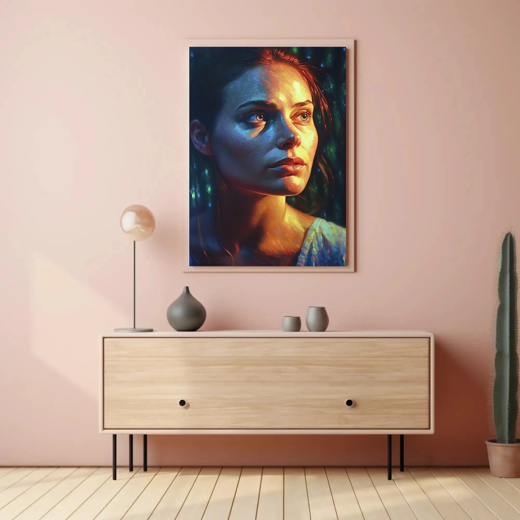 Vibrant Woman's Portrait with Nature Glow Artistic Poster PosterGoat