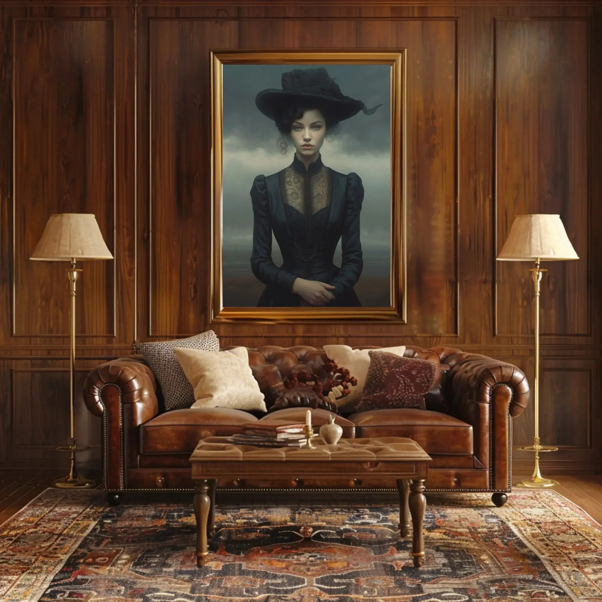 Victorian Elegance in Monochrome Heritage Poster displayed in a stylish living room, embodying timeless sophistication.