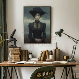 Victorian Elegance in Monochrome Heritage Poster graces a stylish workspace, blending timeless charm with modern design.