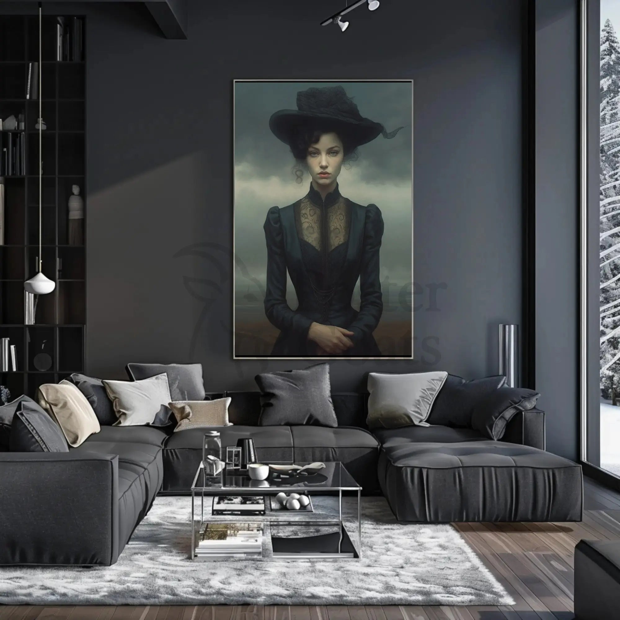 Victorian Elegance in Monochrome Heritage Poster adorns a stylish living room, showcasing timeless sophistication.