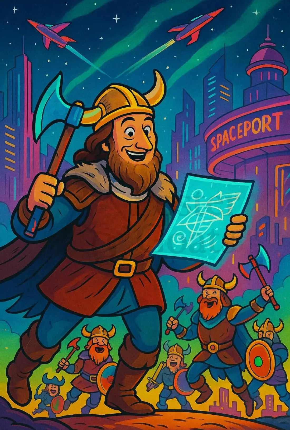 Viking Sci-Fi Adventure Whimsical Futuristic Sci-Fi Poster PosterGoat
