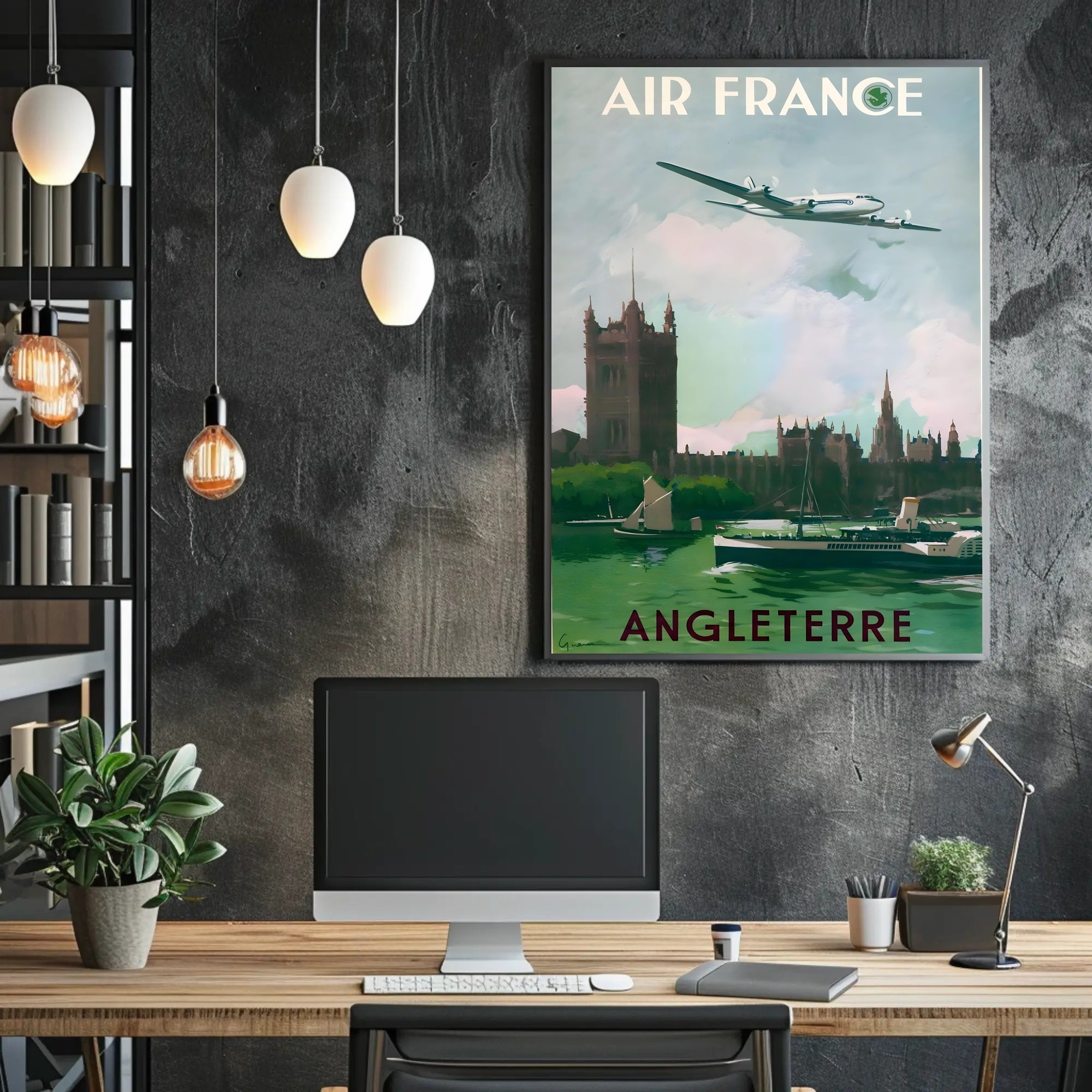 Vintage Air France Travel Poster Depicting Gothic London Landmarks PosterGoat