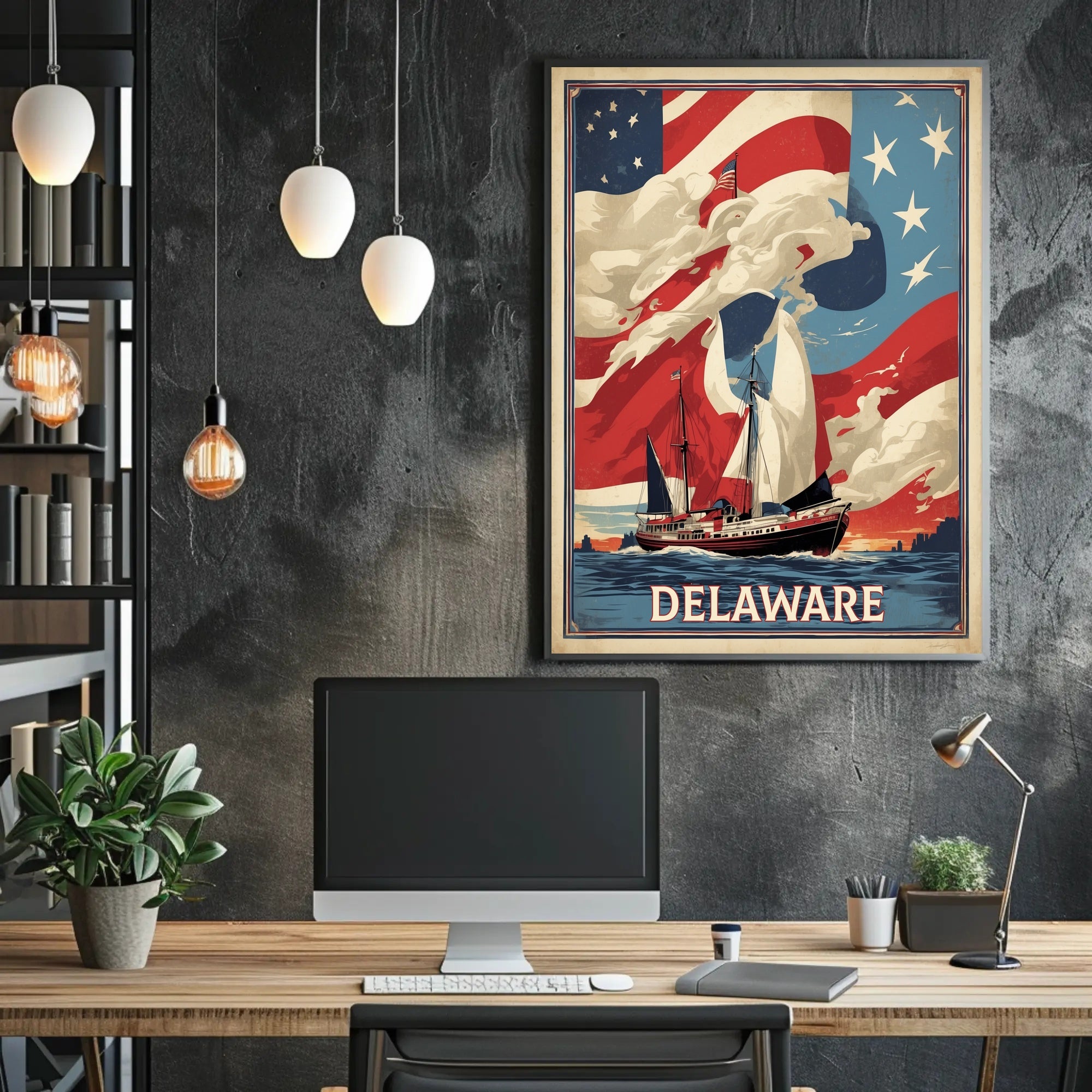 Vintage American Ship with Flag Poster - Cultural or Heritage Poster PosterGoat