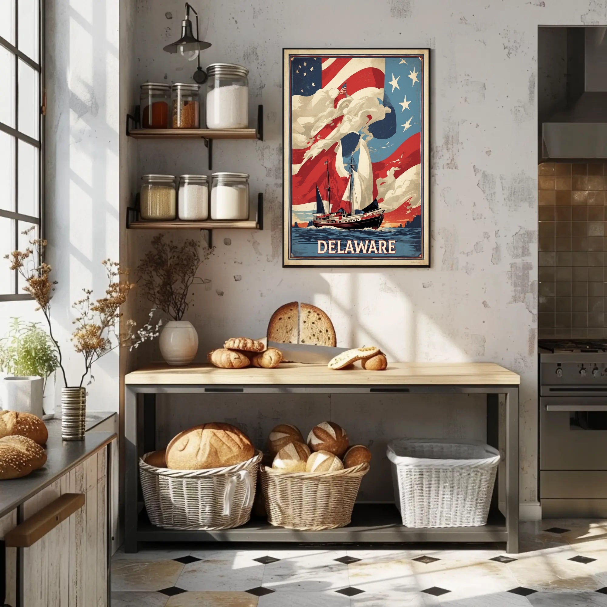 Vintage American Ship with Flag Poster - Cultural or Heritage Poster PosterGoat