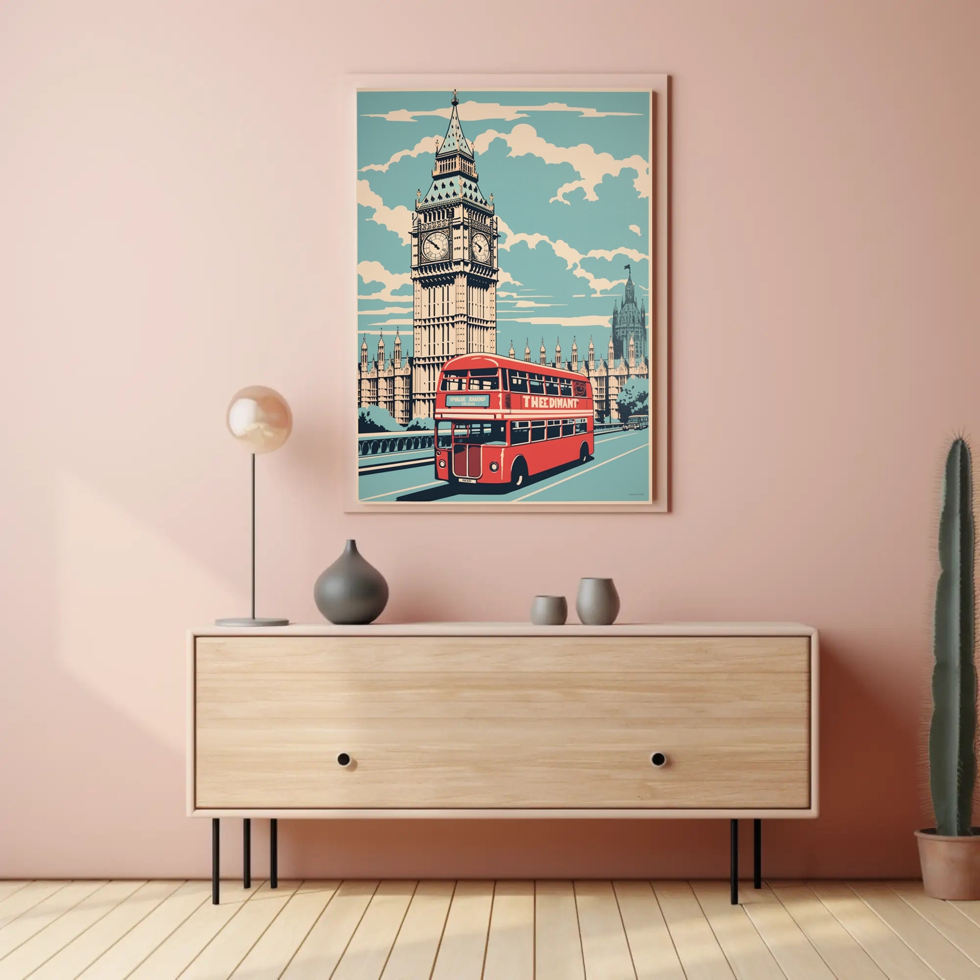 Vintage Big Ben and Red Bus Travel Poster PosterGoat