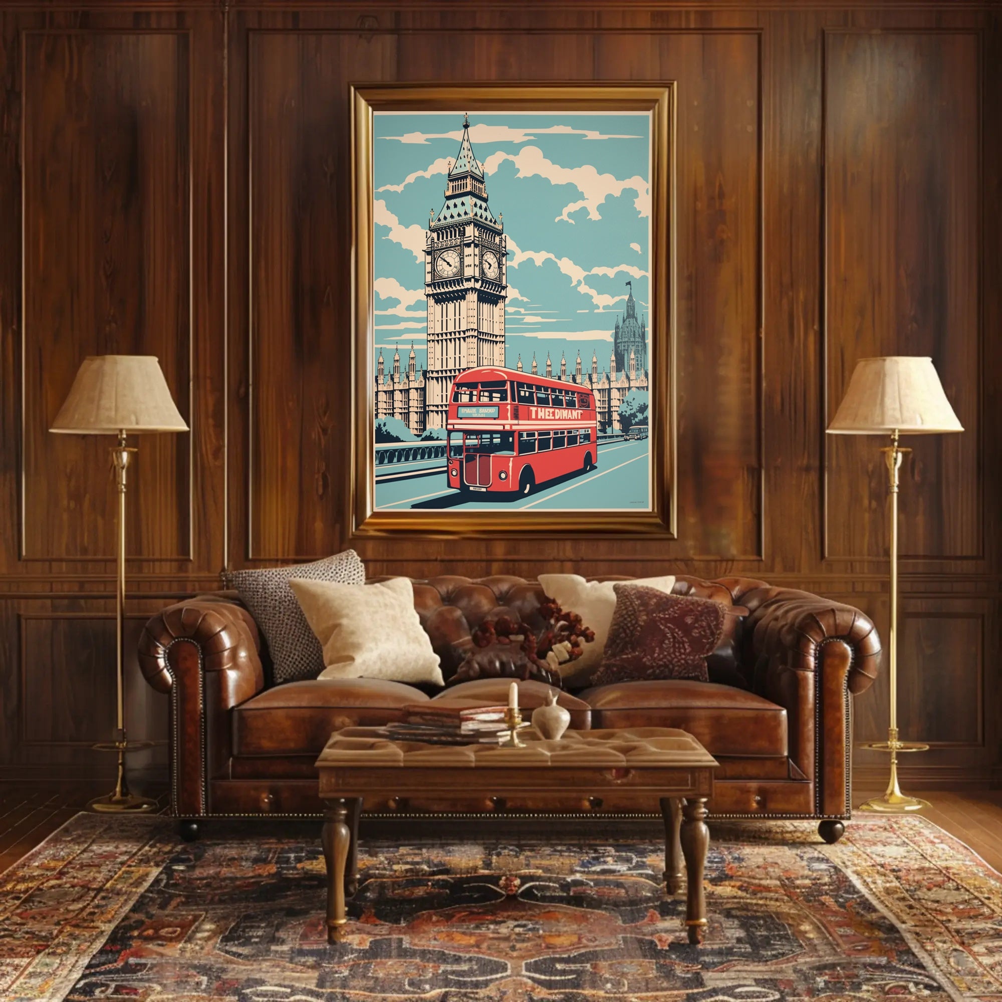 Vintage Big Ben and Red Bus Travel Poster PosterGoat