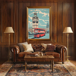 Vintage Big Ben and Red Bus Travel Poster PosterGoat