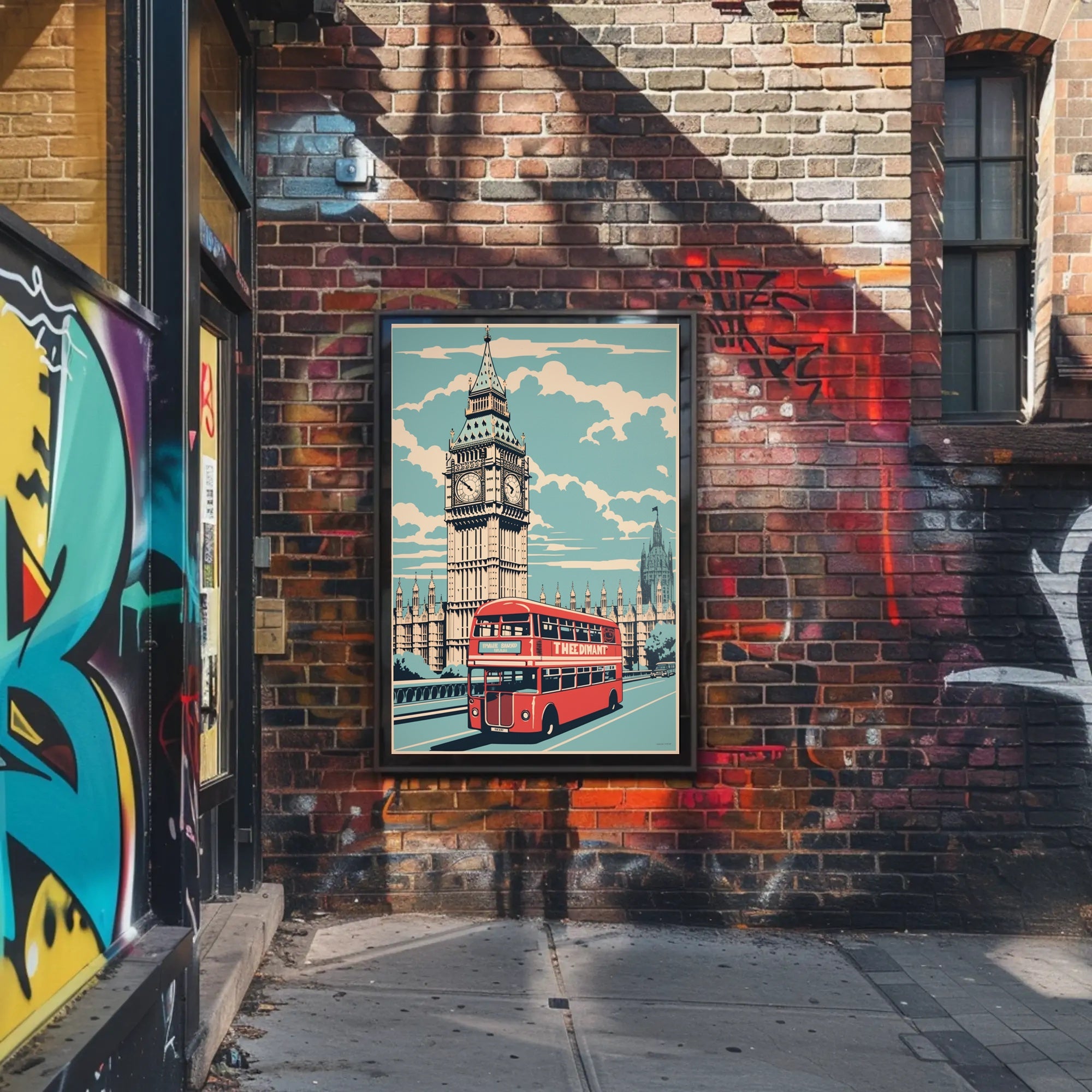 Vintage Big Ben and Red Bus Travel Poster PosterGoat