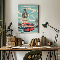 Vintage Big Ben and Red Bus Travel Poster PosterGoat
