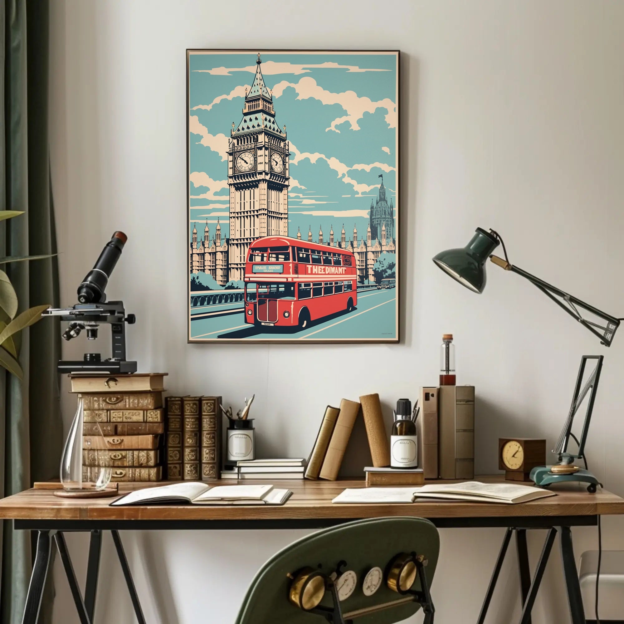 Vintage Big Ben and Red Bus Travel Poster PosterGoat