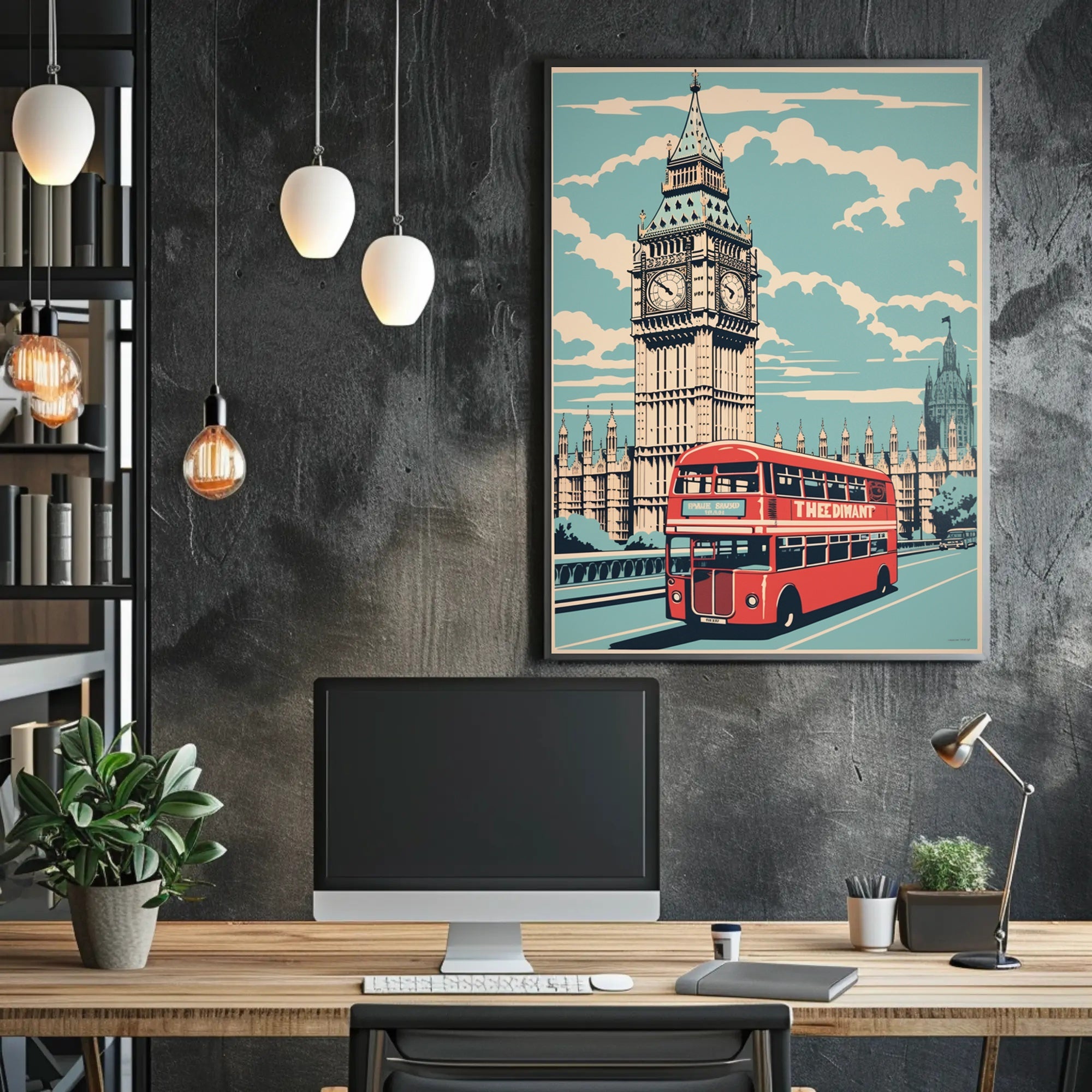 Vintage Big Ben and Red Bus Travel Poster PosterGoat