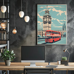 Vintage Big Ben and Red Bus Travel Poster PosterGoat
