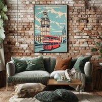 Vintage Big Ben and Red Bus Travel Poster PosterGoat