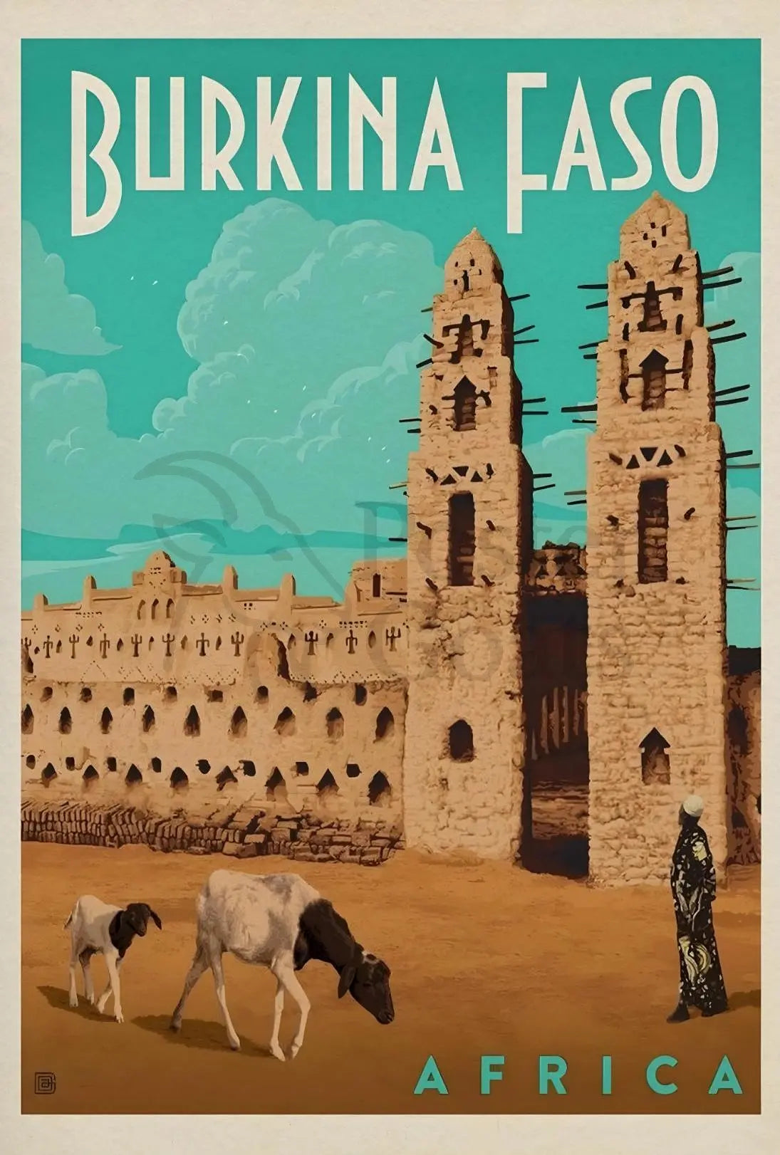Vintage Burkina Faso Travel Art with Traditional Architecture Poster PosterGoat
