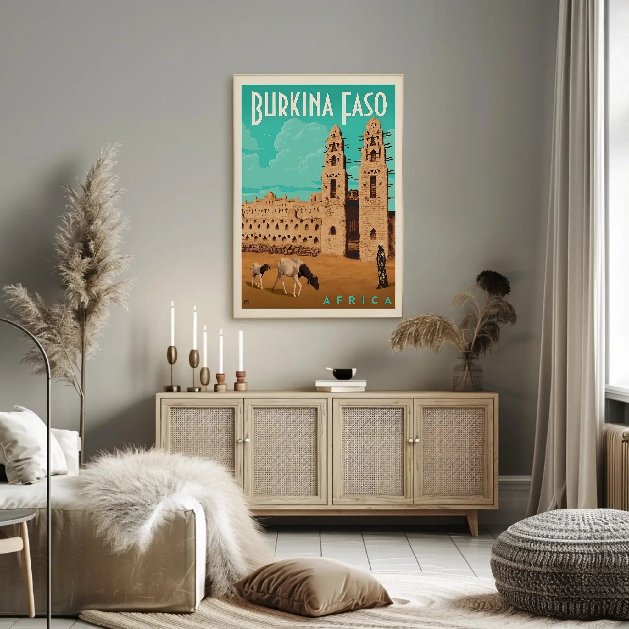 Vintage Burkina Faso Travel Art with Traditional Architecture Poster PosterGoat