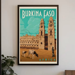 Vintage Burkina Faso Travel Art with Traditional Architecture Poster PosterGoat