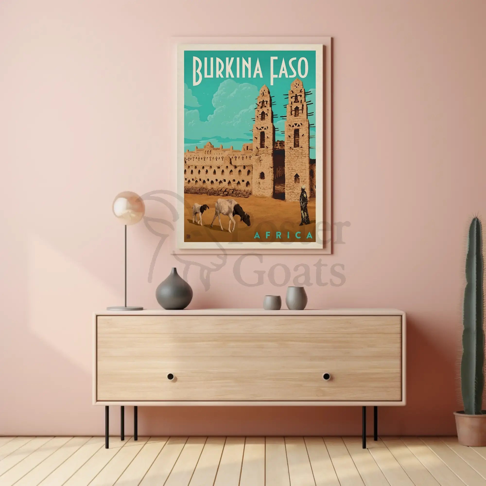 Vintage Burkina Faso Travel Art with Traditional Architecture Poster PosterGoat