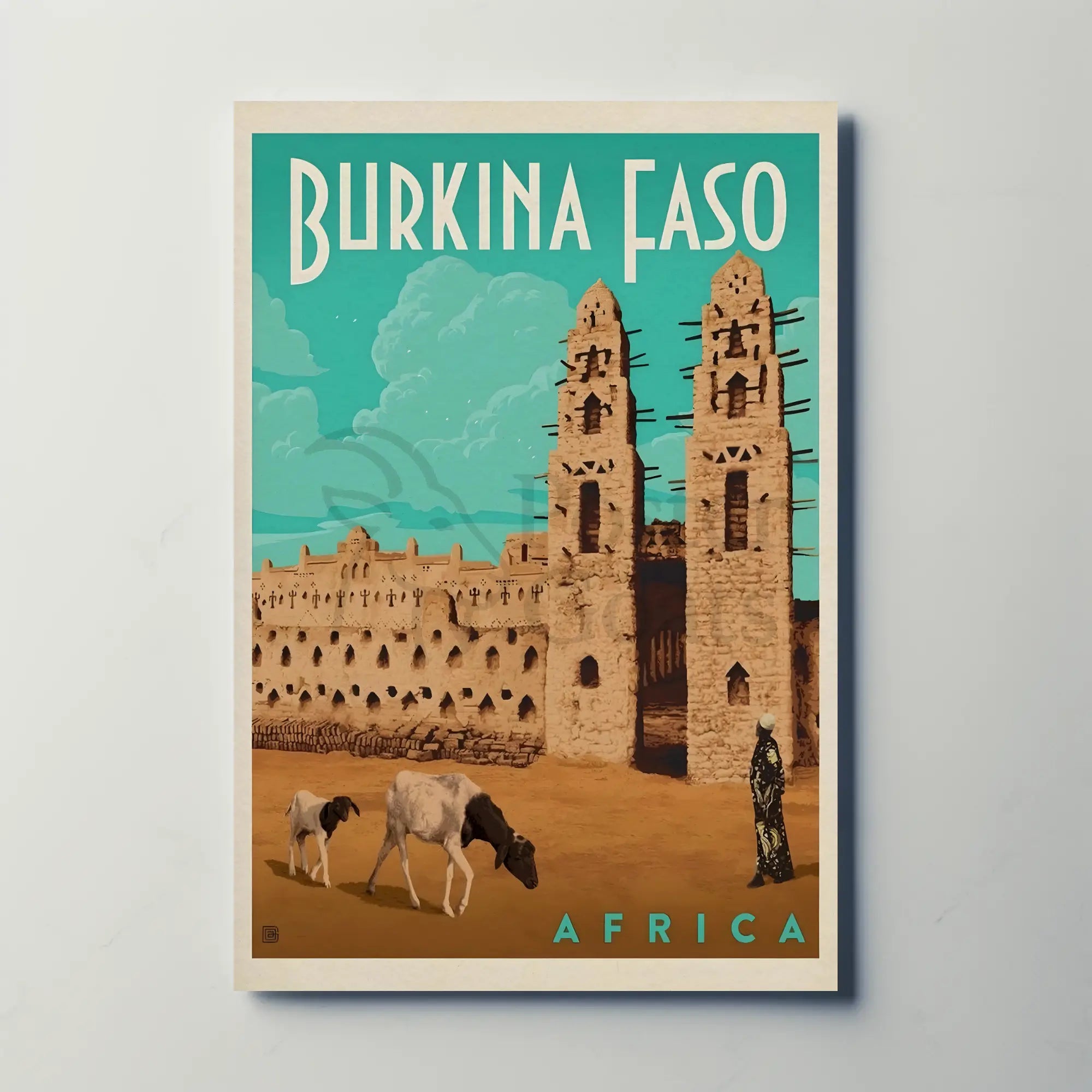 Vintage Burkina Faso Travel Art with Traditional Architecture Poster PosterGoat