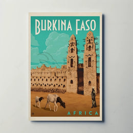 Vintage Burkina Faso Travel Art with Traditional Architecture Poster PosterGoat