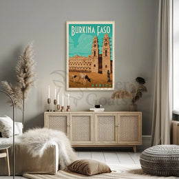 Vintage Burkina Faso Travel Art with Traditional Architecture Poster PosterGoat