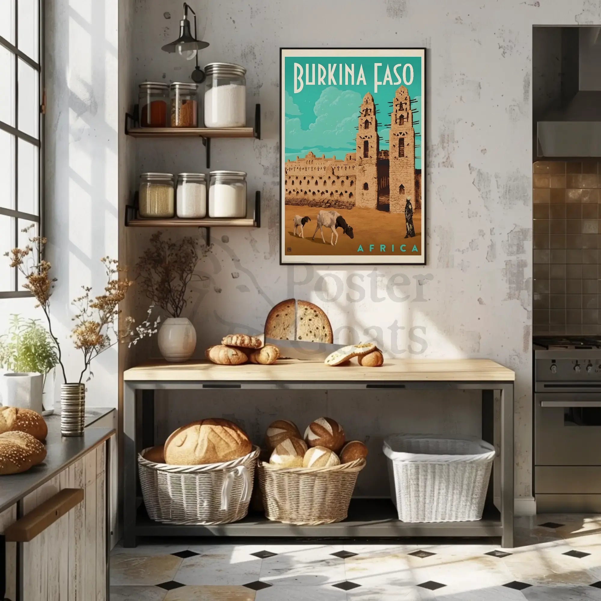 Vintage Burkina Faso Travel Art with Traditional Architecture Poster PosterGoat