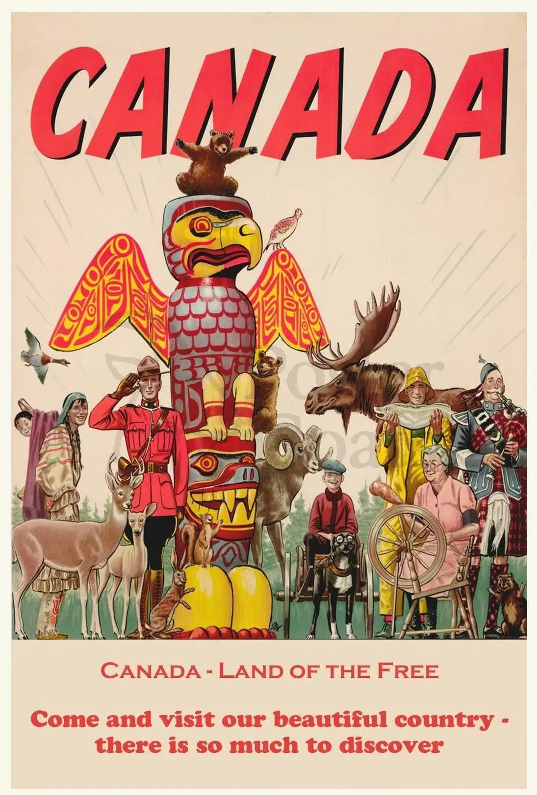 Vintage Canada Travel Poster with Iconic Totem Pole Imagery PosterGoat
