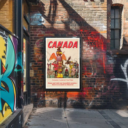 Vintage Canada Travel Poster with Iconic Totem Pole Imagery PosterGoat