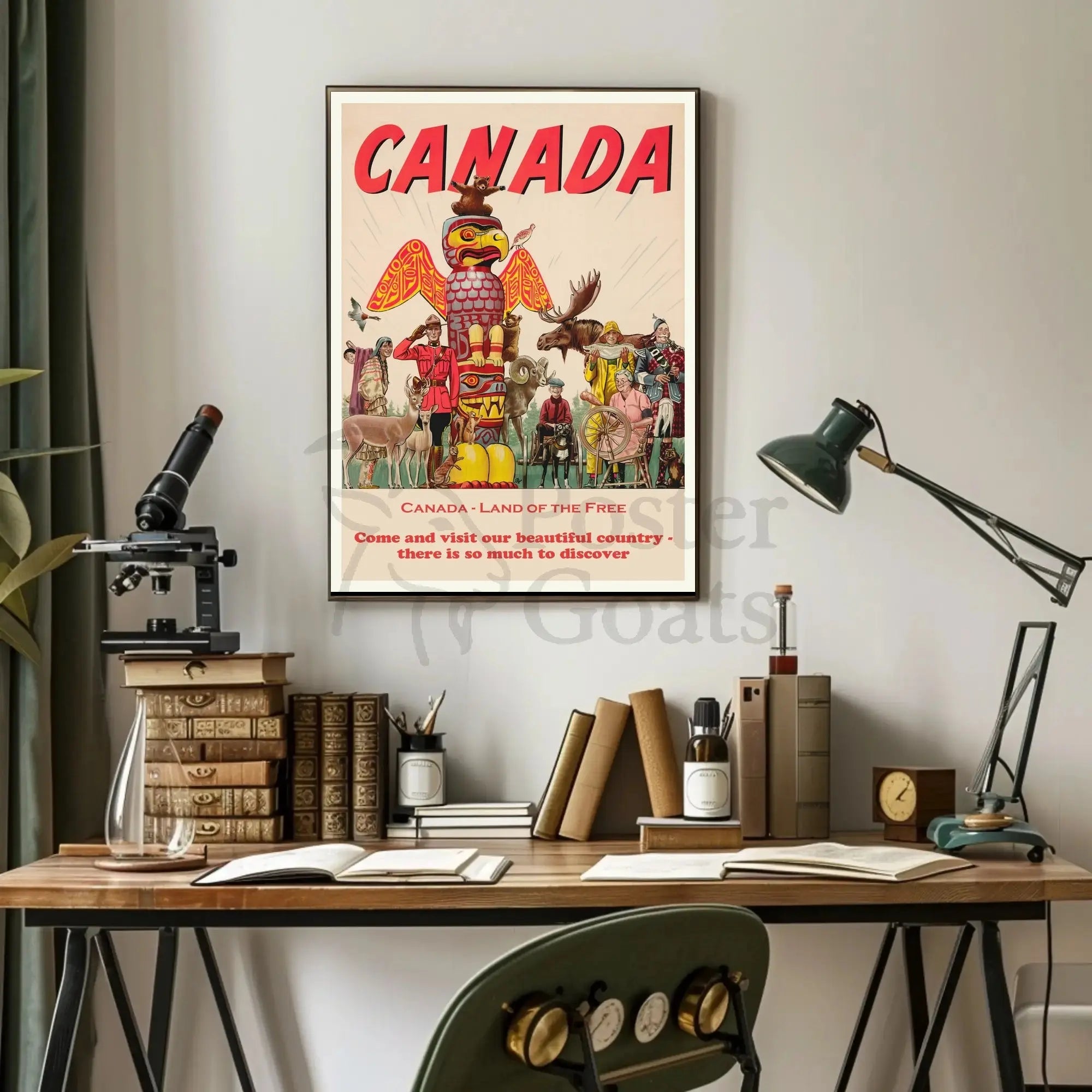 Vintage Canada Travel Poster with Iconic Totem Pole Imagery PosterGoat