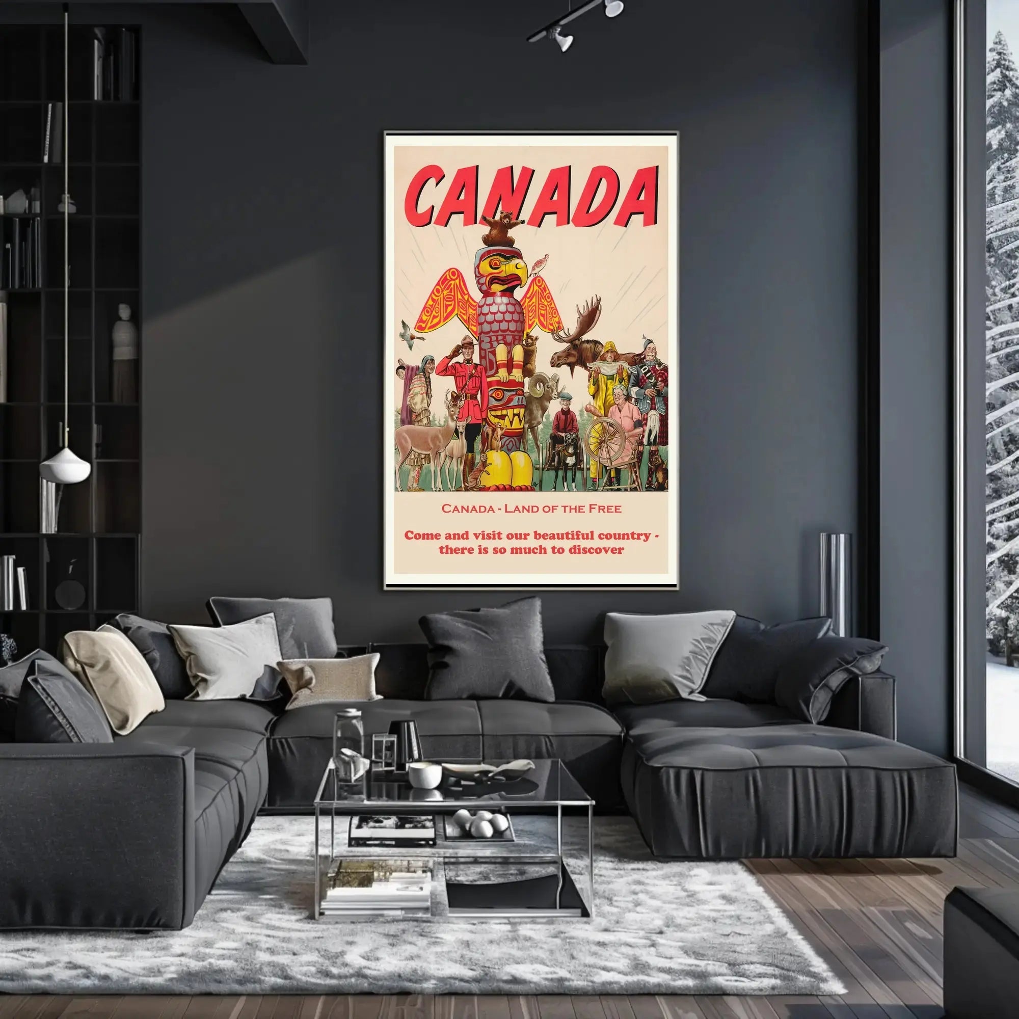 Vintage Canada Travel Poster with Iconic Totem Pole Imagery PosterGoat