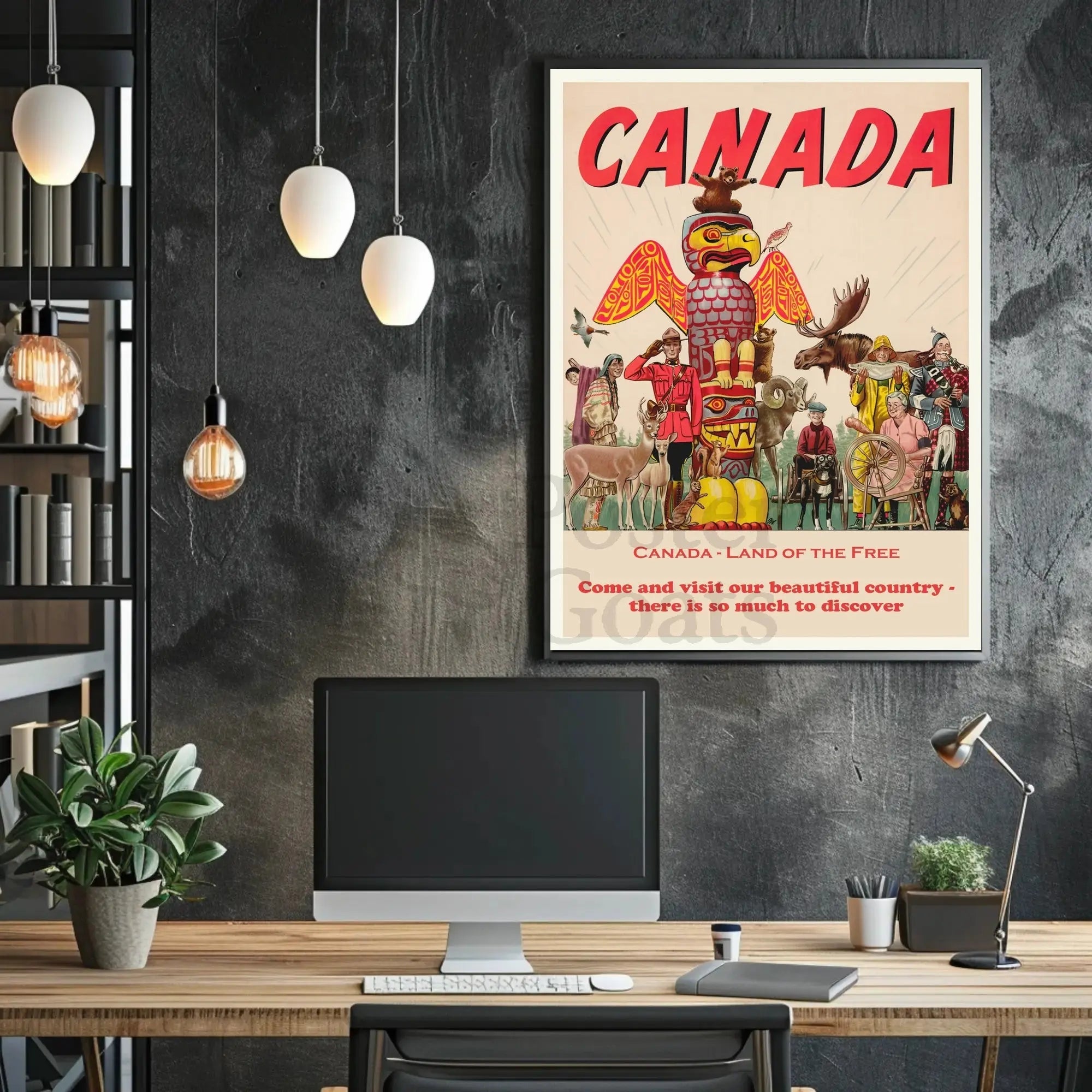 Vintage Canada Travel Poster with Iconic Totem Pole Imagery PosterGoat