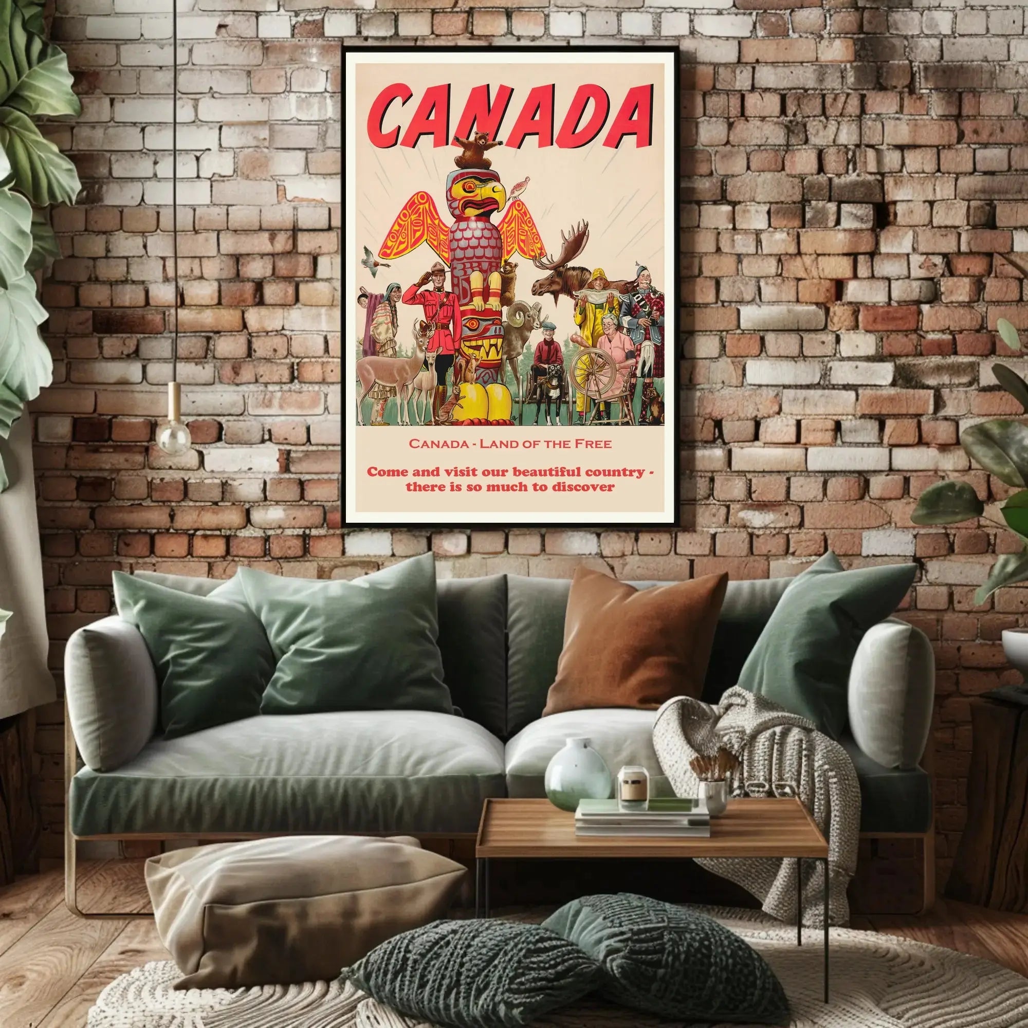 Vintage Canada Travel Poster with Iconic Totem Pole Imagery PosterGoat