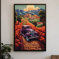 Vintage Car Adventure in Whimsical European Travel Poster PosterGoat