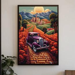 Vintage Car Adventure in Whimsical European Travel Poster PosterGoat