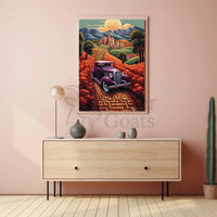 Vintage Car Adventure in Whimsical European Travel Poster PosterGoat