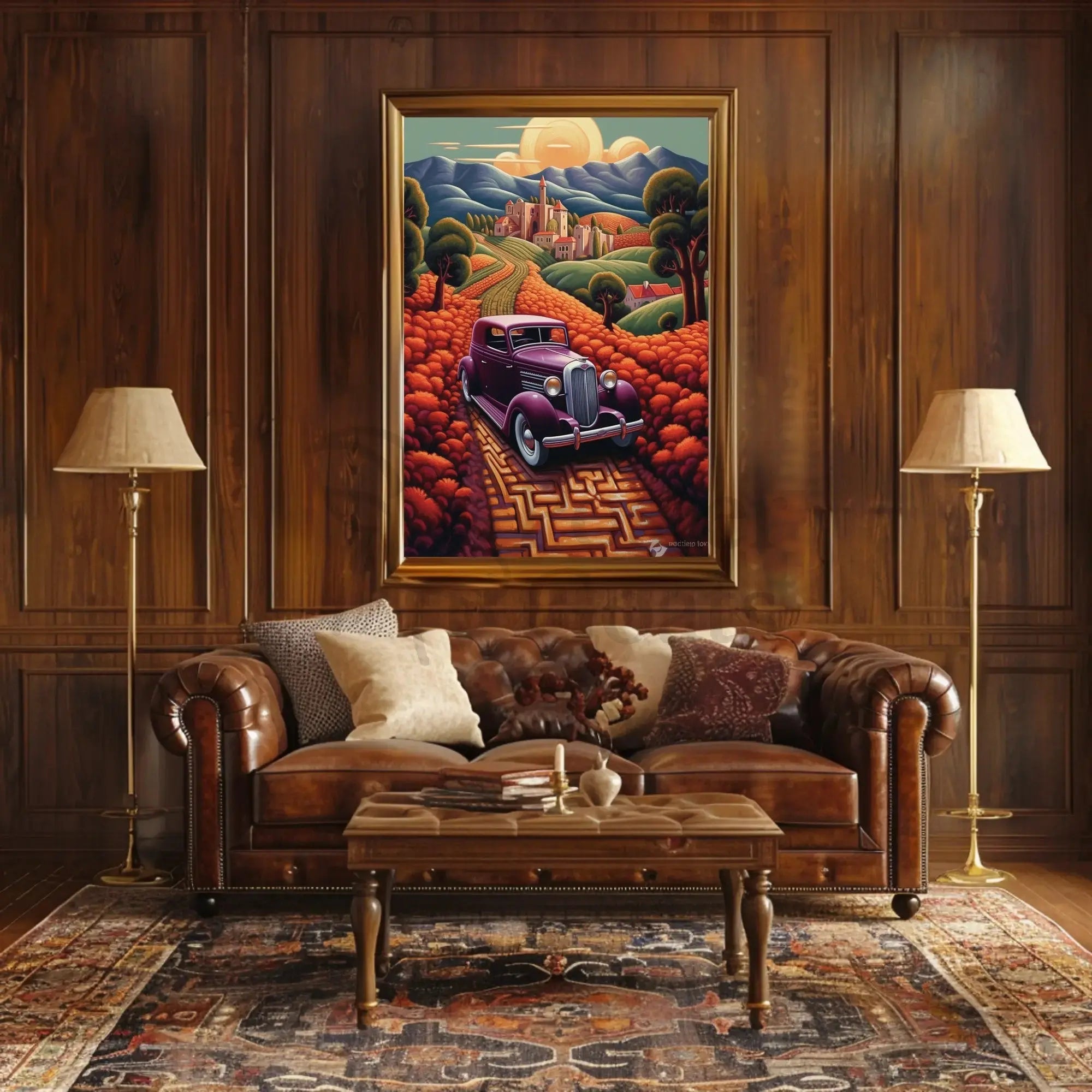 Vintage Car Adventure in Whimsical European Travel Poster PosterGoat