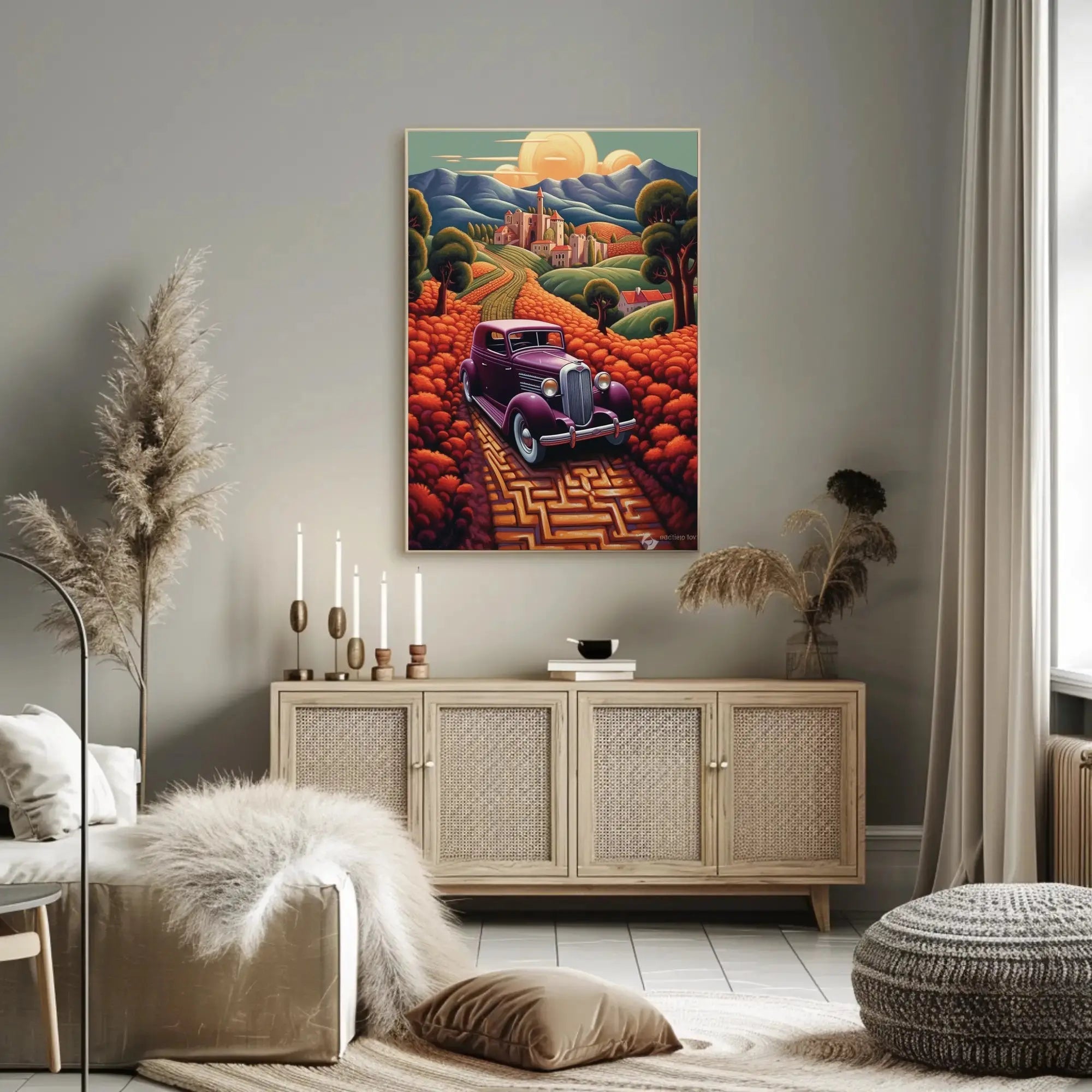 Vintage Car Adventure in Whimsical European Travel Poster PosterGoat