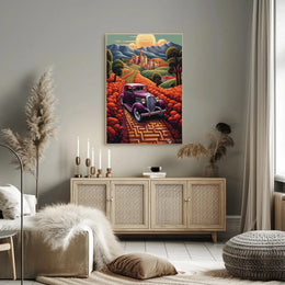 Vintage Car Adventure in Whimsical European Travel Poster PosterGoat