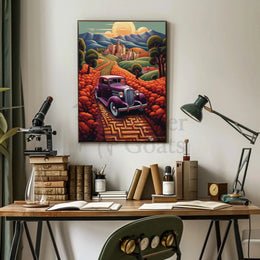Vintage Car Adventure in Whimsical European Travel Poster PosterGoat