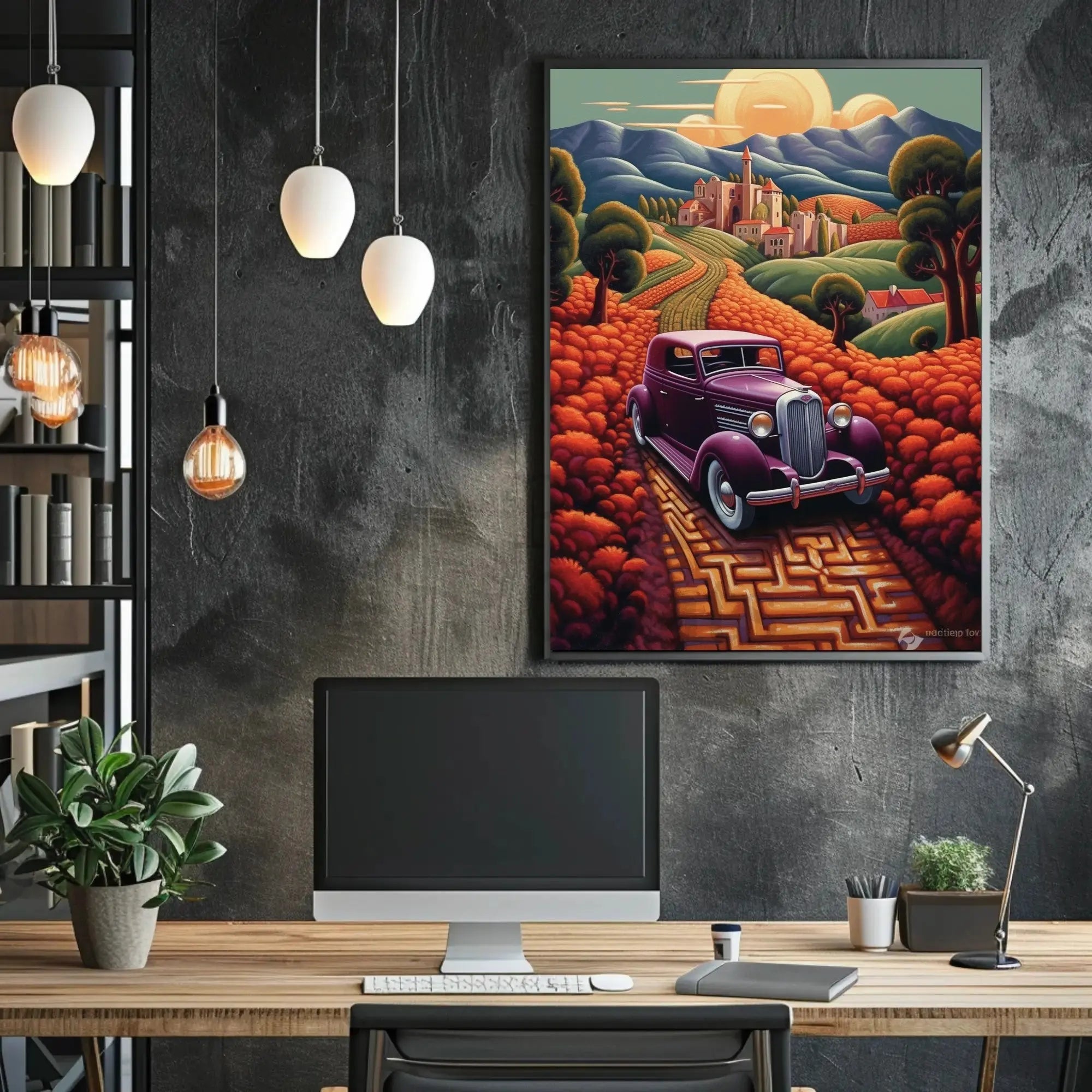 Vintage Car Adventure in Whimsical European Travel Poster PosterGoat