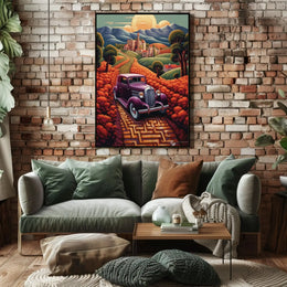 Vintage Car Adventure in Whimsical European Travel Poster PosterGoat
