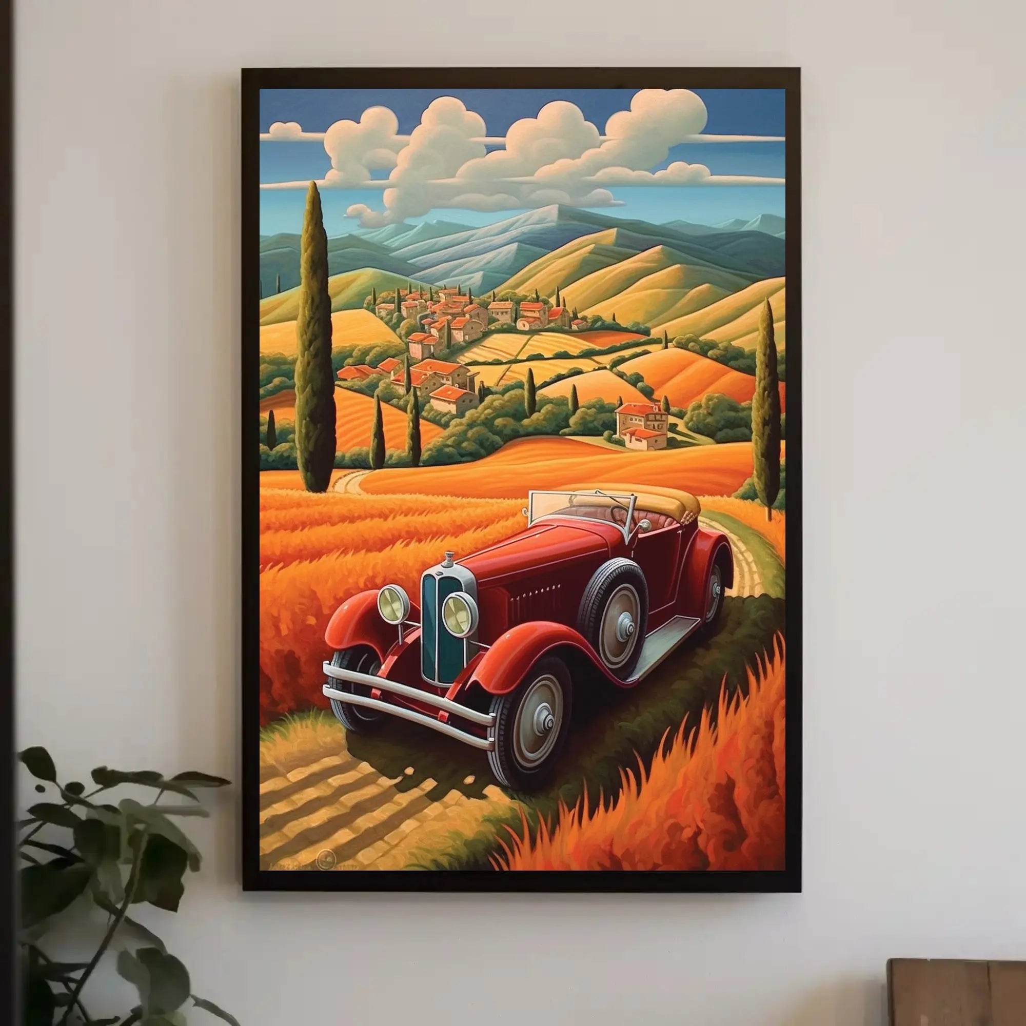Vintage Car Journey through Tranquil Countryside Travel Poster PosterGoat