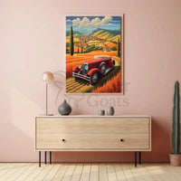 Vintage Car Journey through Tranquil Countryside Travel Poster PosterGoat