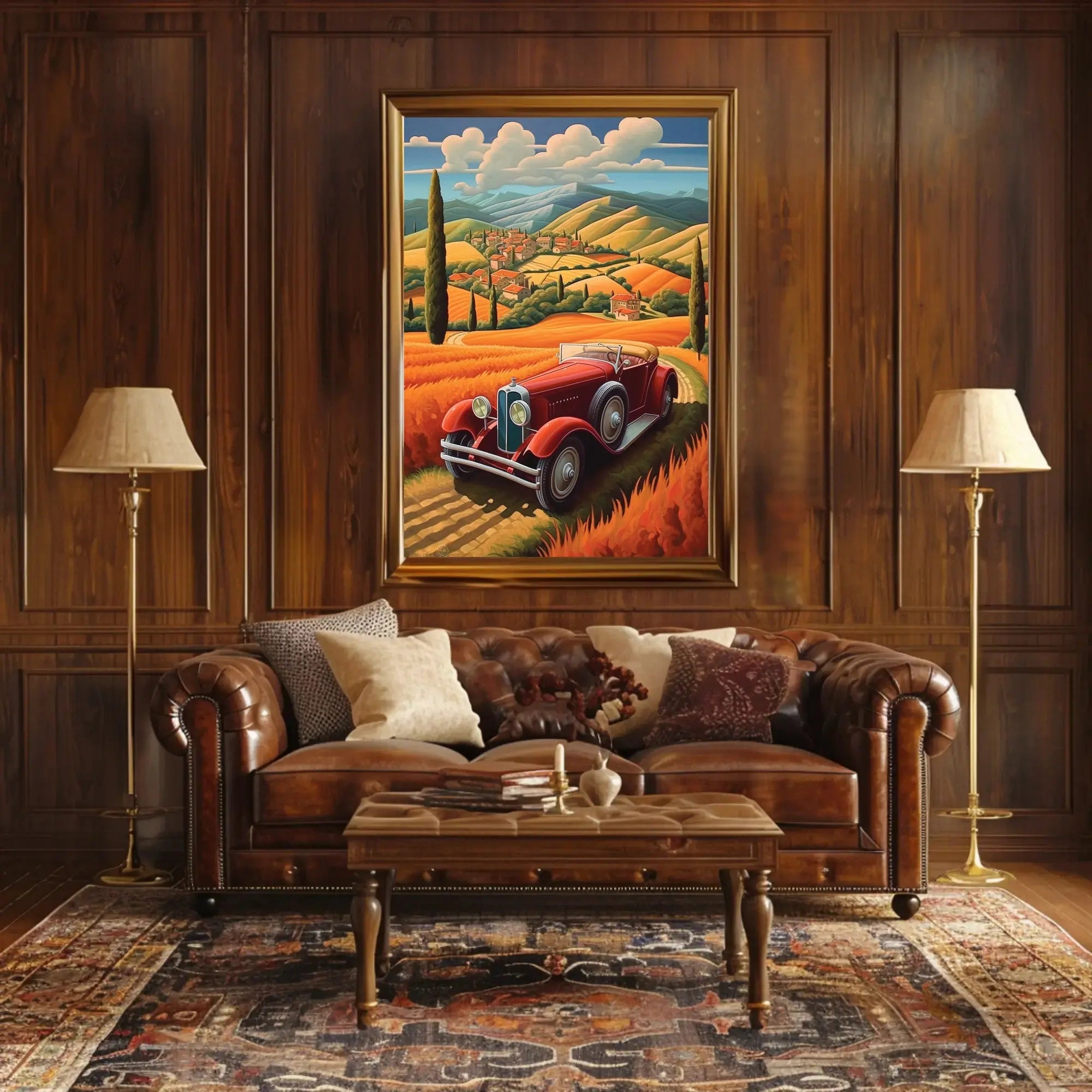 Vintage Car Journey through Tranquil Countryside Travel Poster PosterGoat