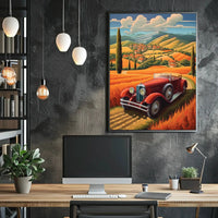 Vintage Car Journey through Tranquil Countryside Travel Poster PosterGoat
