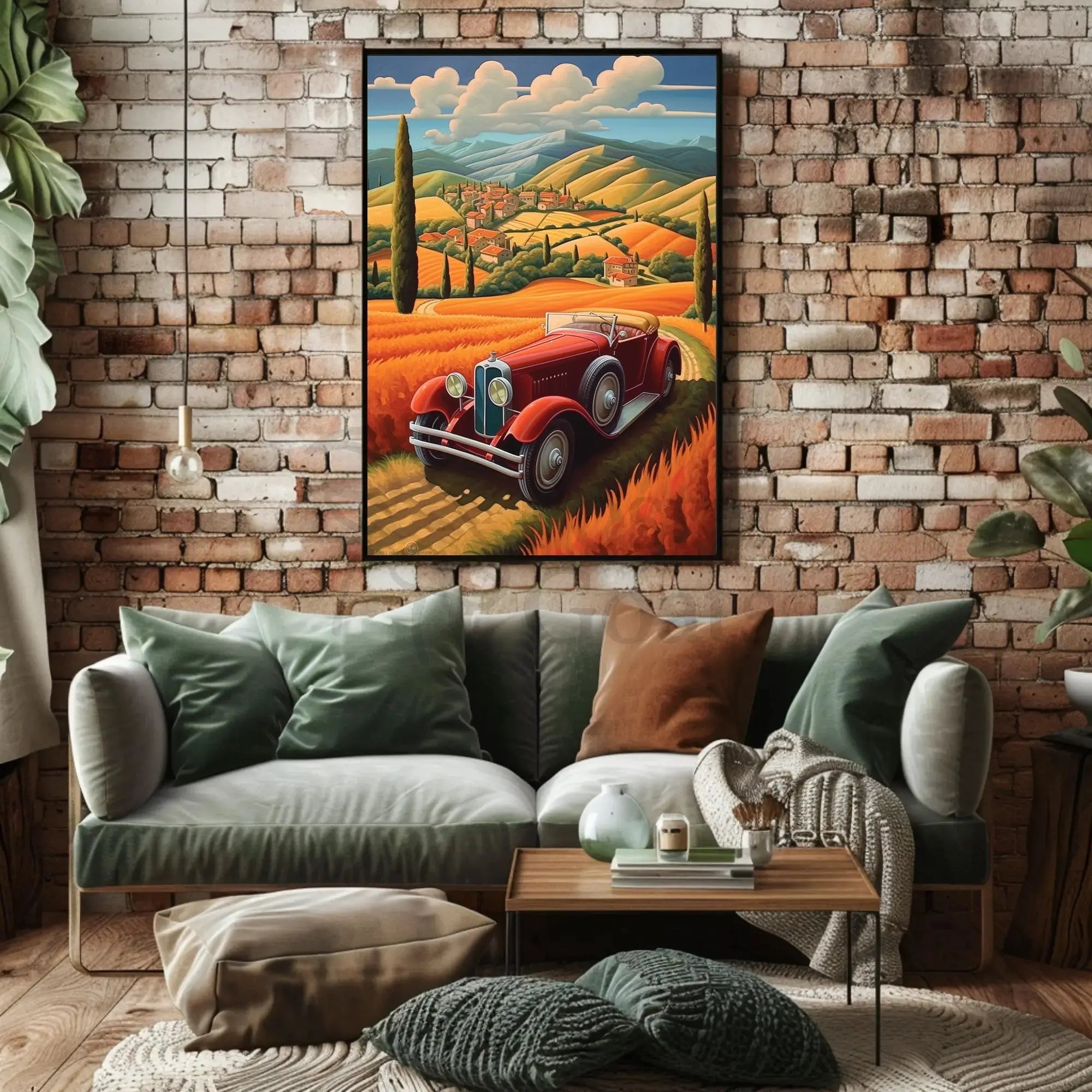 Vintage Car Journey through Tranquil Countryside Travel Poster PosterGoat