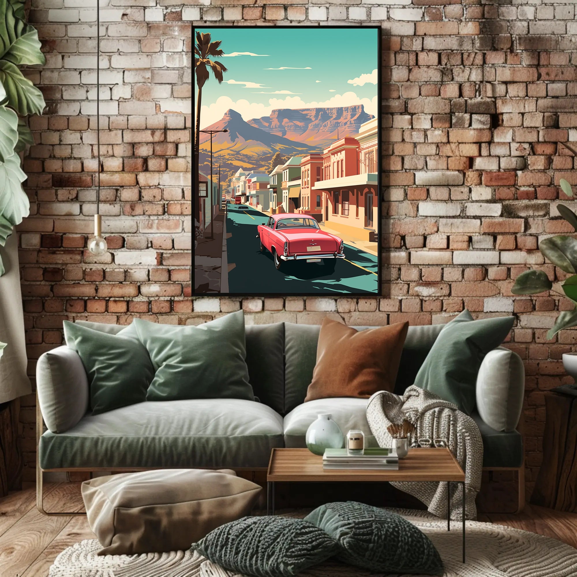 Vintage Car on Mid-Century Main Street Travel Poster PosterGoat