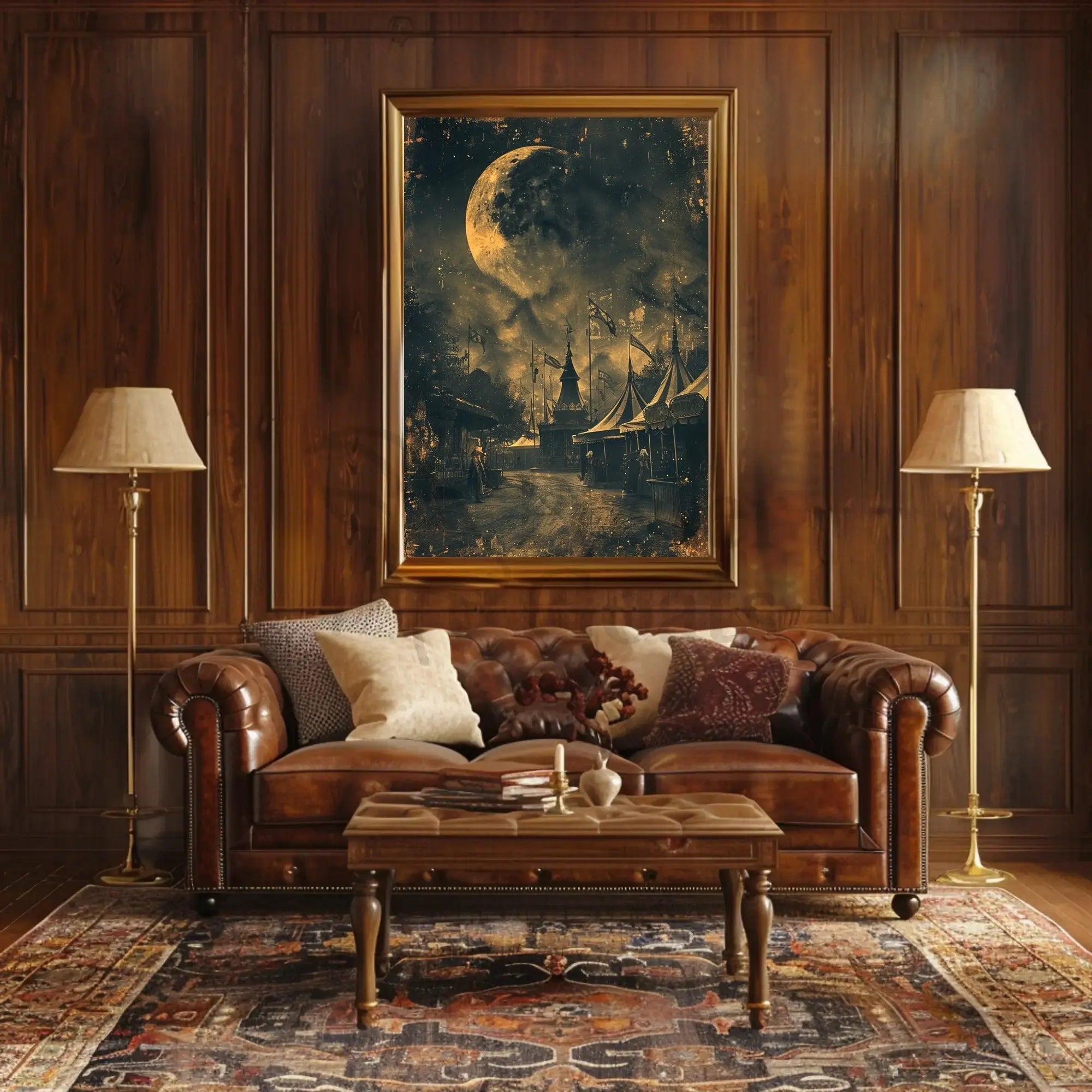 Vintage Carnival Scene Under Moon: Artistic Nostalgia Poster PosterGoat